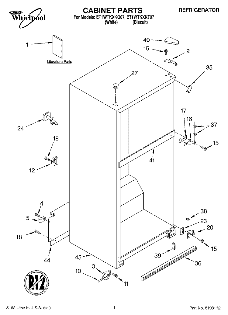 CABINET, LITERATURE Diagram and Parts List for ET1WTKXKQ07  Whirlpool Refrigerator