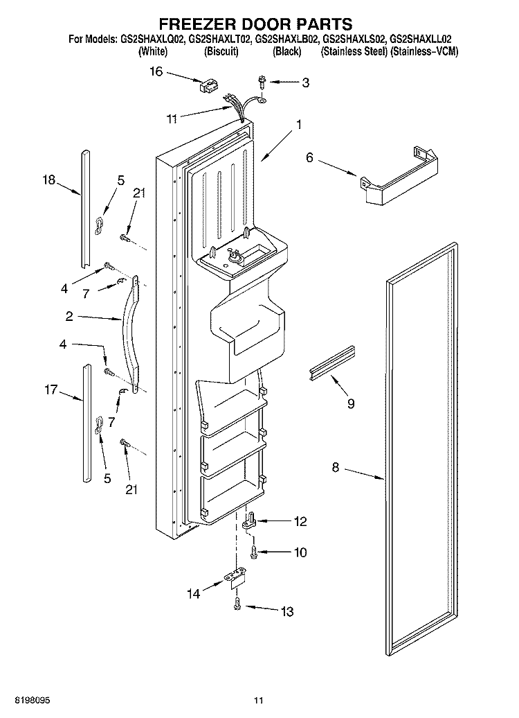 FREEZER DOOR Diagram and Parts List for GS2SHAXLB02  Whirlpool Refrigerator