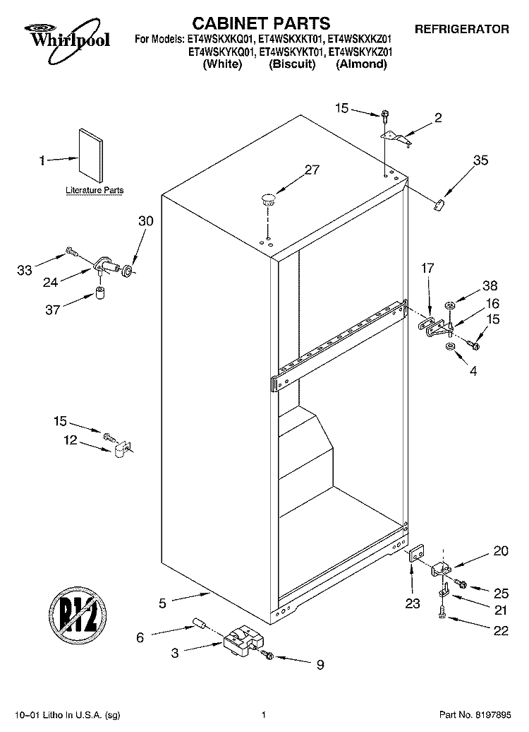 CABINET, LITERATURE Diagram and Parts List for ET4WSKYKT01  Whirlpool Refrigerator