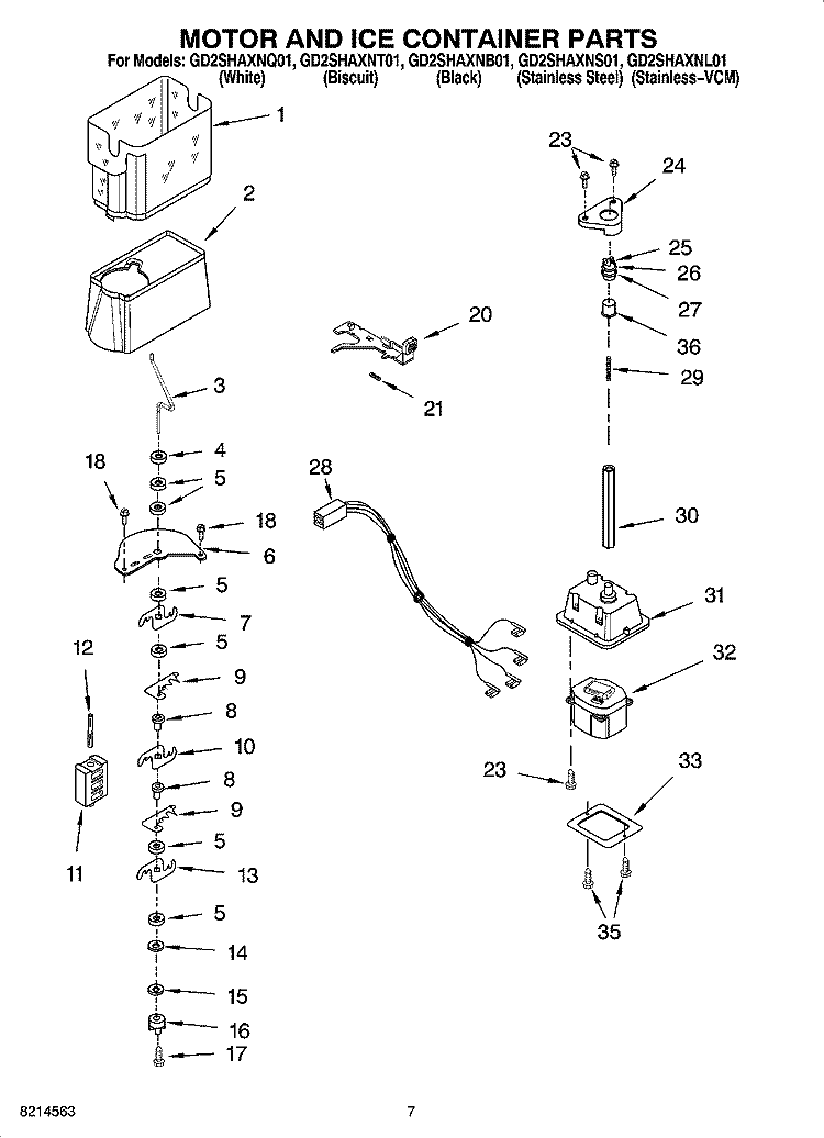 MOTOR AND ICE CONTAINER PARTS Diagram and Parts List for GD2SHAXNL01  Whirlpool Refrigerator