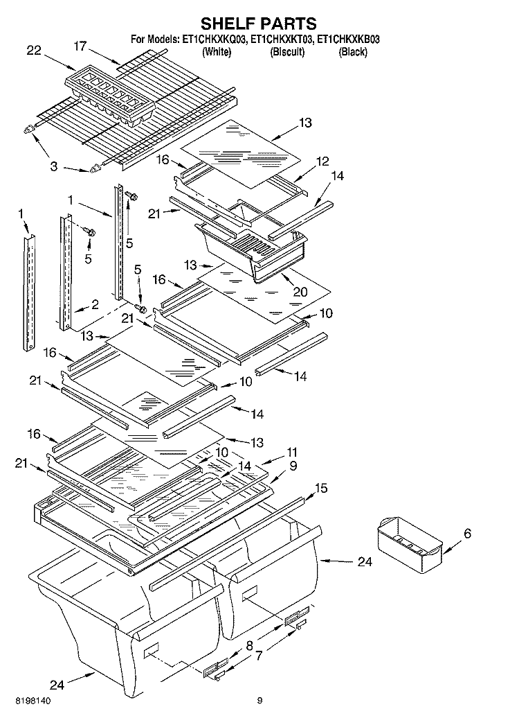 SHELF, OPTIONAL Diagram and Parts List for ET1CHKXKT03  Whirlpool Refrigerator