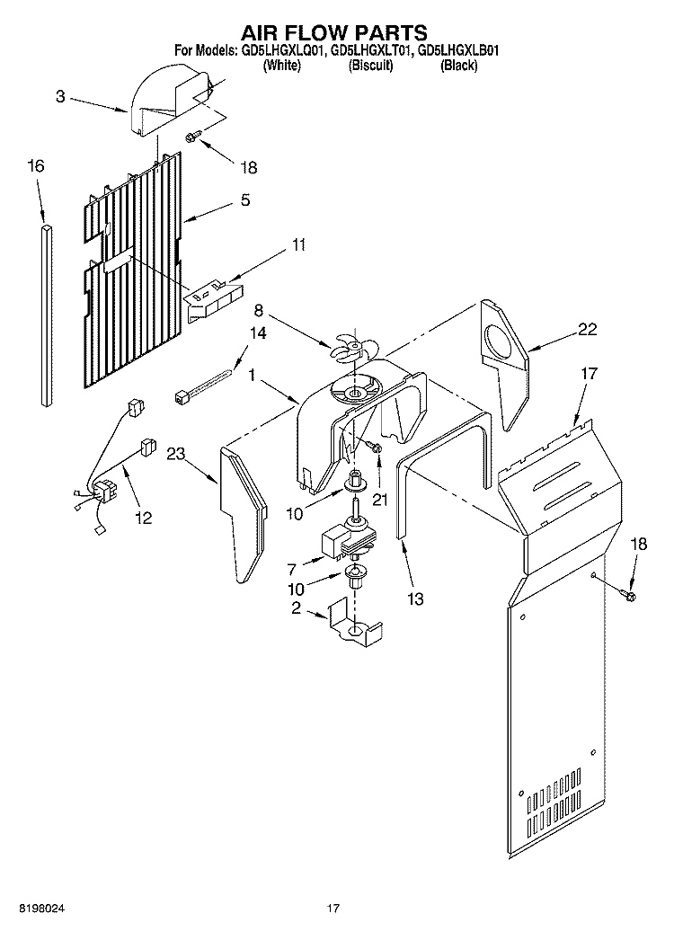 AIR FLOW Diagram and Parts List for GD5LHGXLT01  Whirlpool Refrigerator
