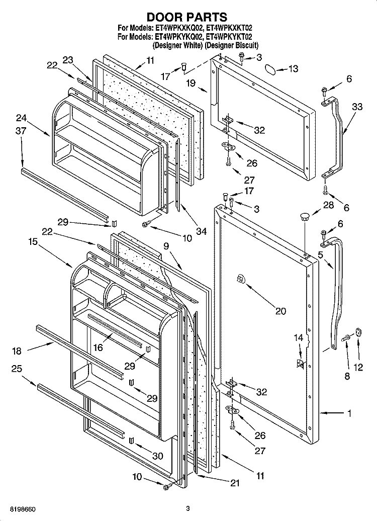 DOOR PARTS Diagram and Parts List for ET4WPKYKQ02  Whirlpool Refrigerator