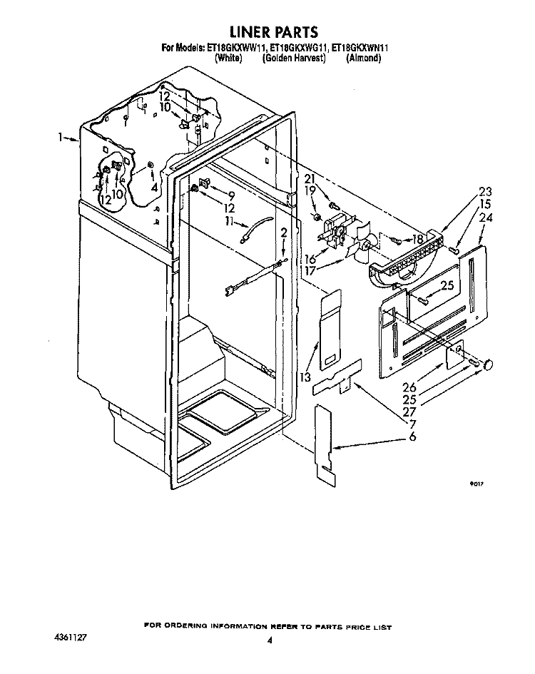 LINER Diagram and Parts List for ET18GKXWN11  Whirlpool Refrigerator