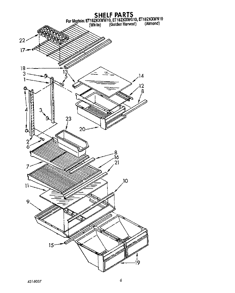 SHELF Diagram and Parts List for ET18ZKXWG10  Whirlpool Refrigerator