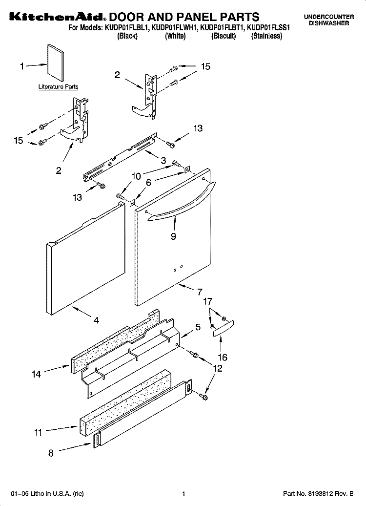 DOOR AND PANEL PARTS Diagram and Parts List for  KitchenAid Dishwasher