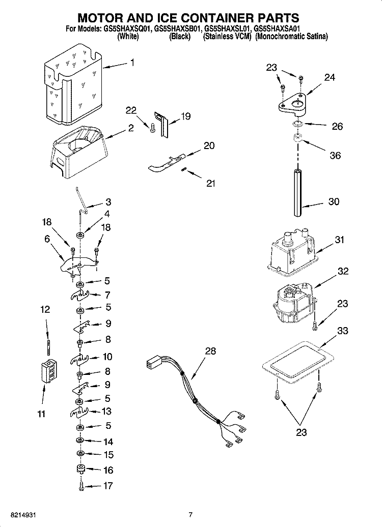 MOTOR AND ICE CONTAINER PARTS Diagram and Parts List for GS5SHAXSB01  Whirlpool Refrigerator