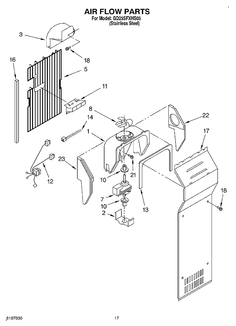 AIR FLOW Diagram and Parts List for GD25SFXHS05  Whirlpool Refrigerator
