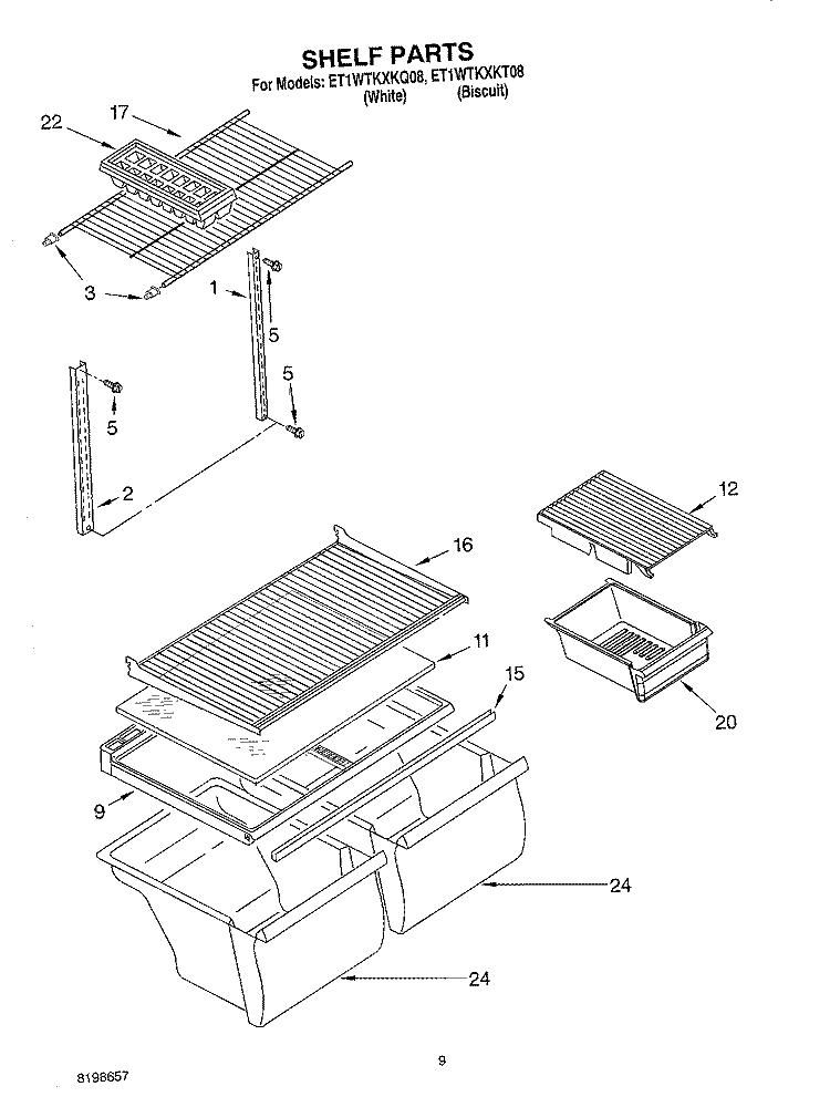 SHELF PARTS, OPTIONAL PARTS Diagram and Parts List for ET1WTKXKQ08  Whirlpool Refrigerator