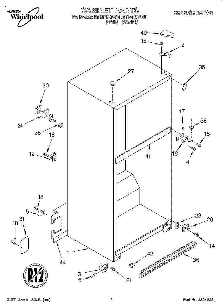 CABINET Diagram and Parts List for ET18PKXFN01  Whirlpool Refrigerator