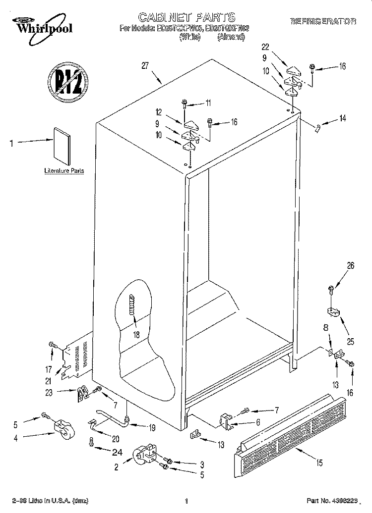 CABINET, LITERATURE Diagram and Parts List for ED25TQXFW03  Whirlpool Refrigerator