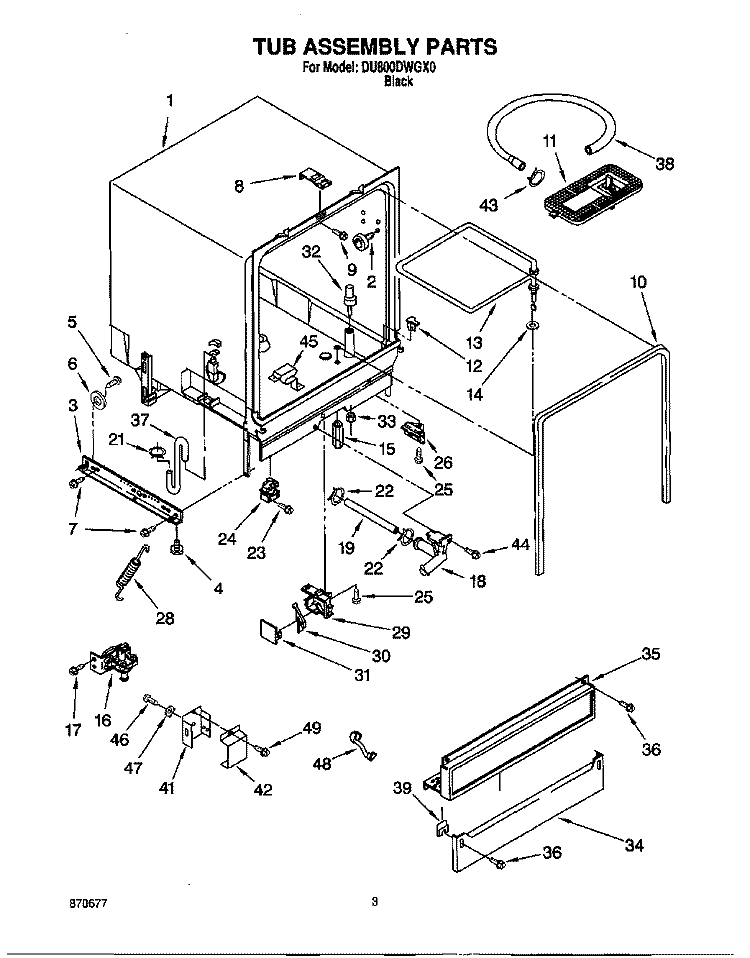 TUB ASSEMBLY Diagram and Parts List for  Whirlpool Dishwasher