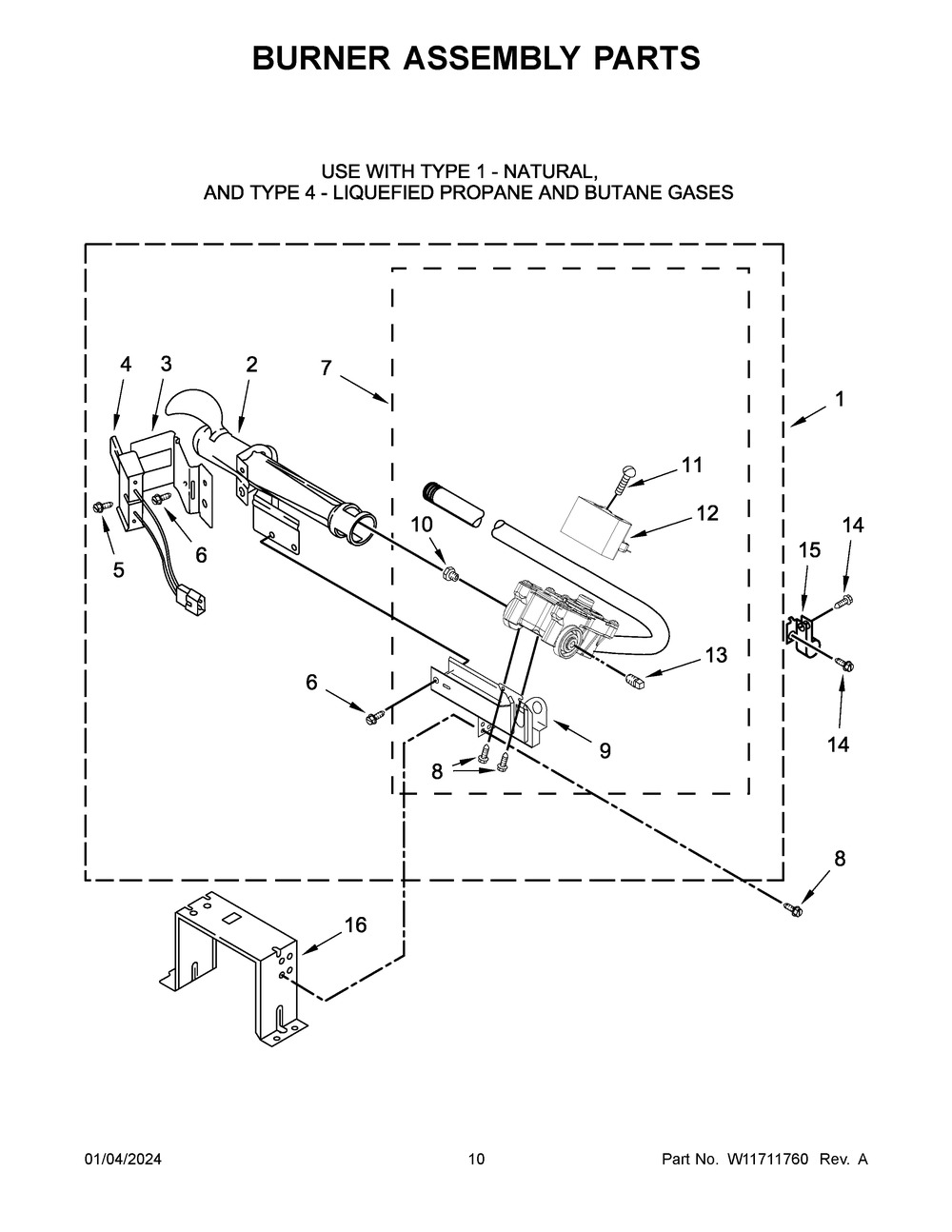 Burner Assembly Parts Diagram and Parts List for  Whirlpool Dryer