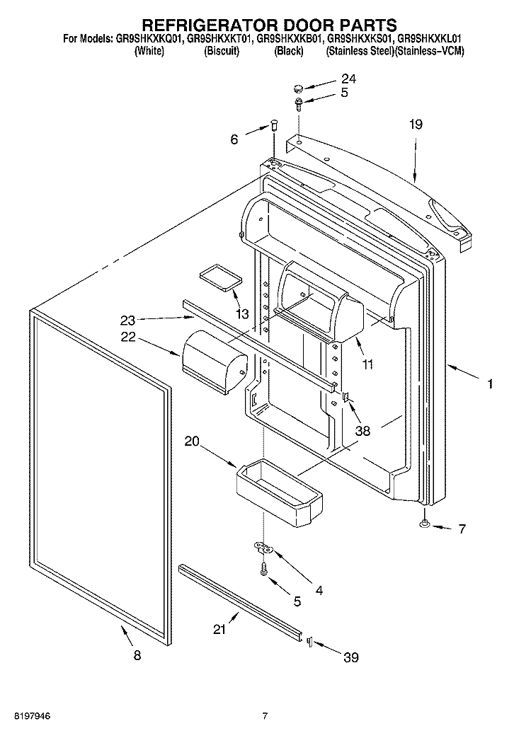 REFRIGERATOR DOOR Diagram and Parts List for GR9SHKXKL01  Whirlpool Refrigerator