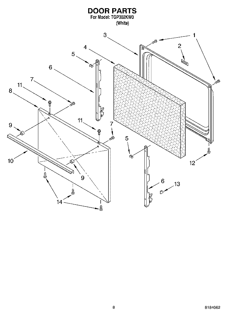 DOOR Diagram and Parts List for TGP302KW0  Estate Range