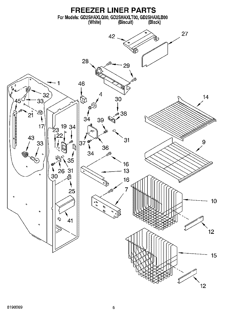 FREEZER LINER Diagram and Parts List for GD2SHAXLT00  Whirlpool Refrigerator