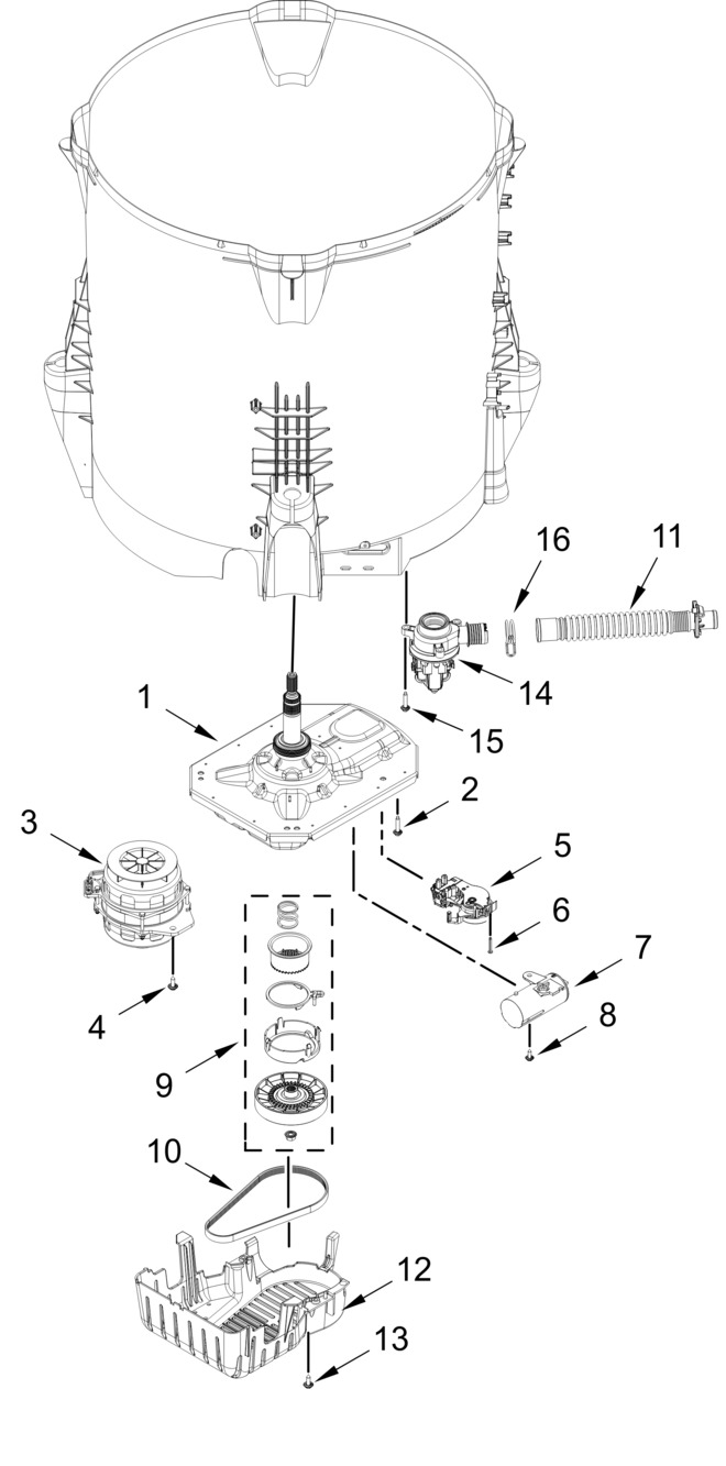 Gearcase, Motor And Pump Parts Diagram and Parts List for  Whirlpool Washer