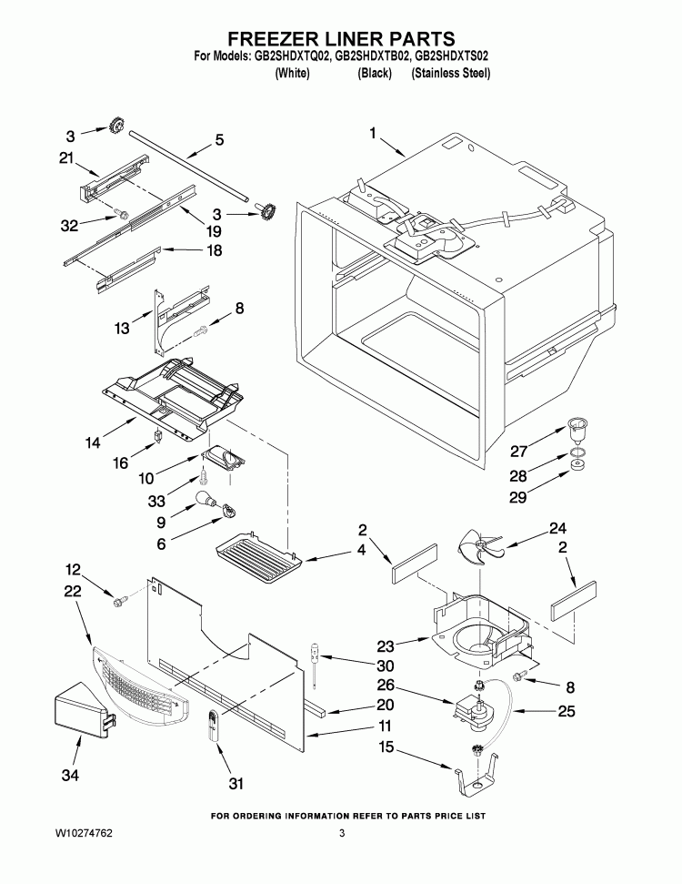 FREEZER LINER PARTS Diagram and Parts List for GB2SHDXTQ02  Whirlpool Refrigerator