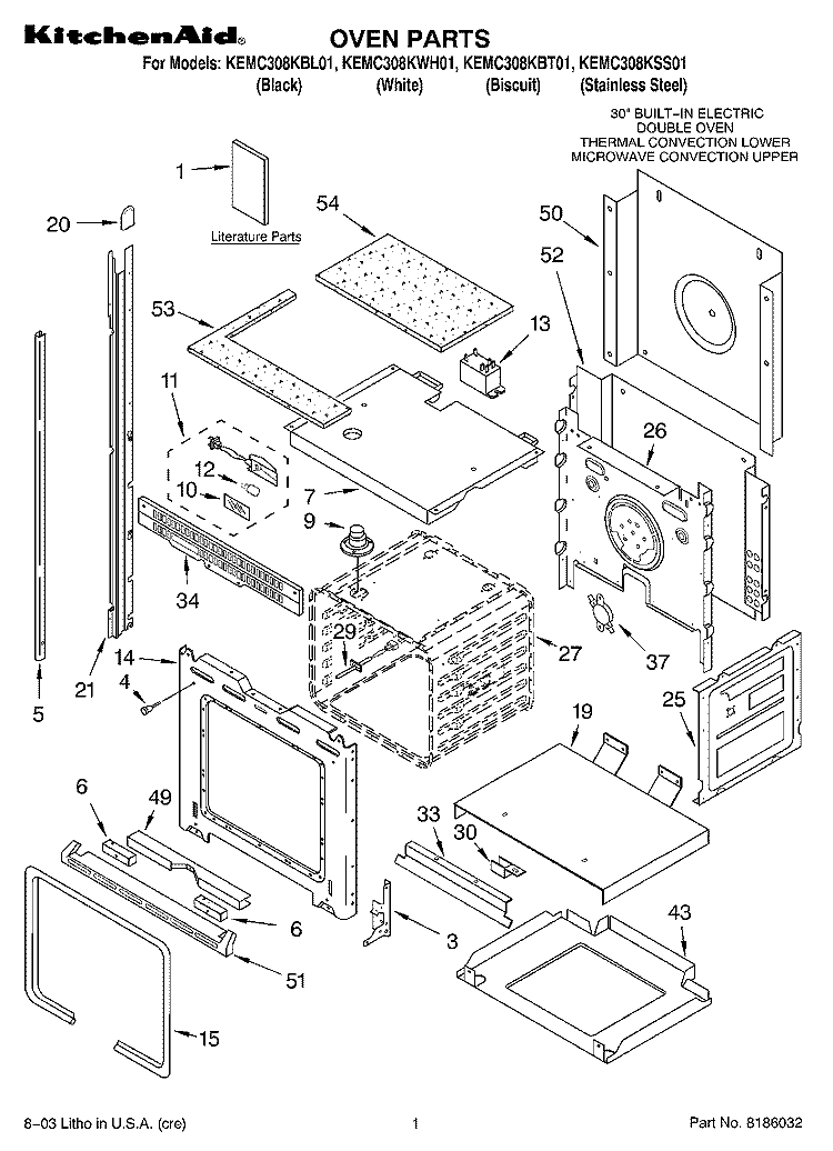 OVEN PARTS Diagram and Parts List for  KitchenAid Microwave Oven Combo