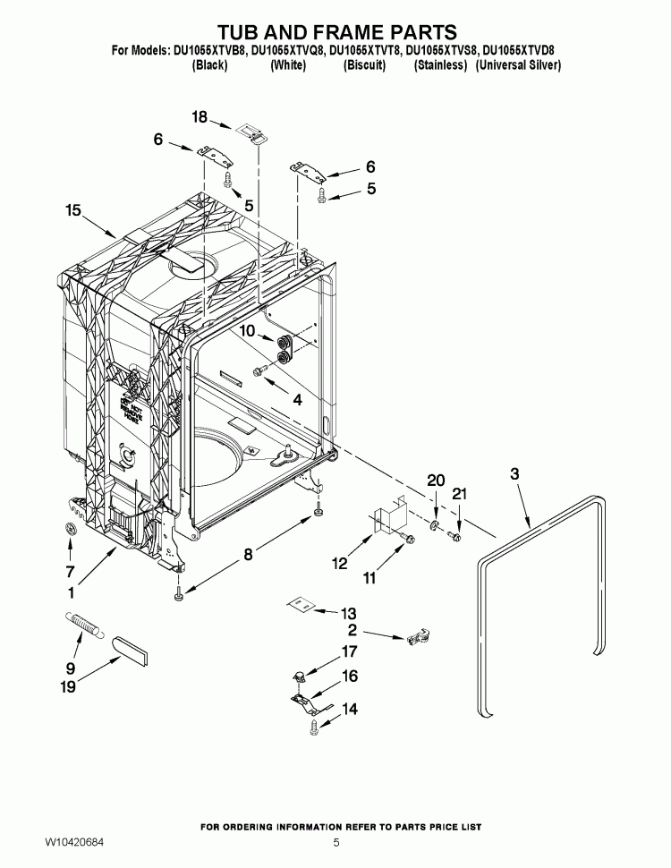 TUB AND FRAME PARTS Diagram and Parts List for  Whirlpool Dishwasher