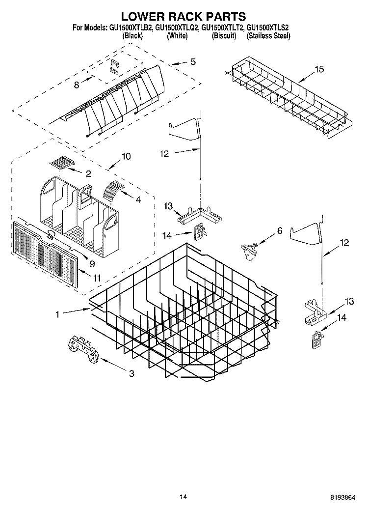 LOWER RACK PARTS Diagram and Parts List for  Whirlpool Dishwasher