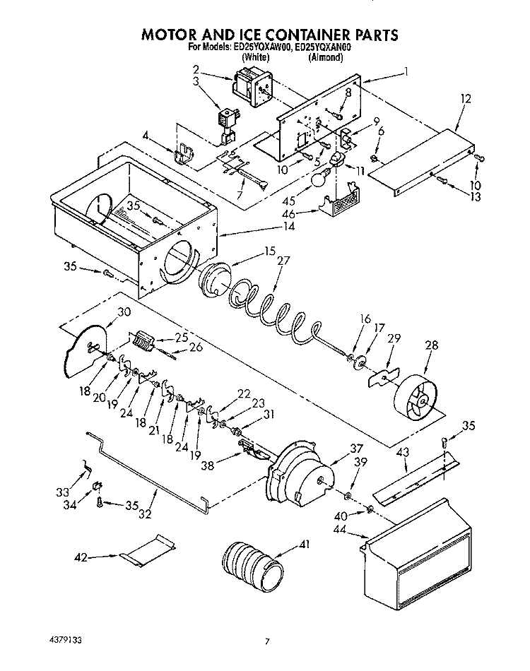 MOTOR AND ICE CONTAINER Diagram and Parts List for ED25YQXAW00  Whirlpool Refrigerator