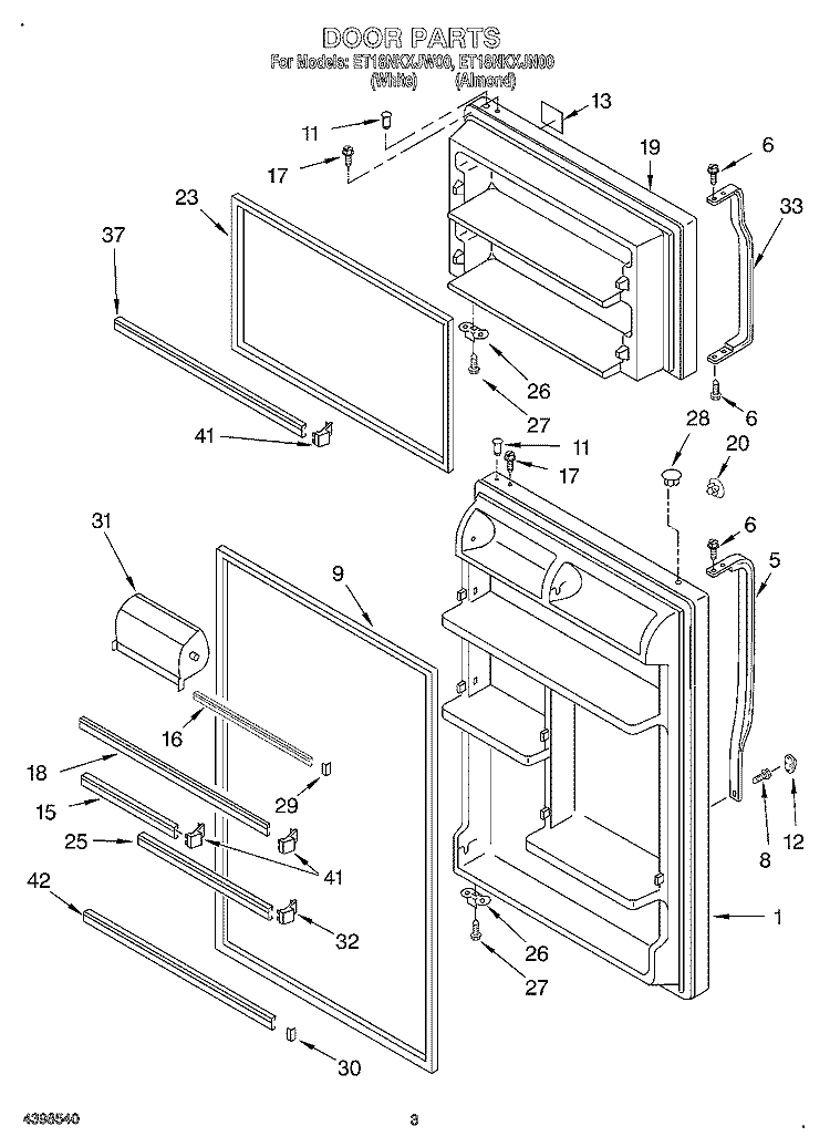 DOOR Diagram and Parts List for ET18NKXJN00  Whirlpool Refrigerator