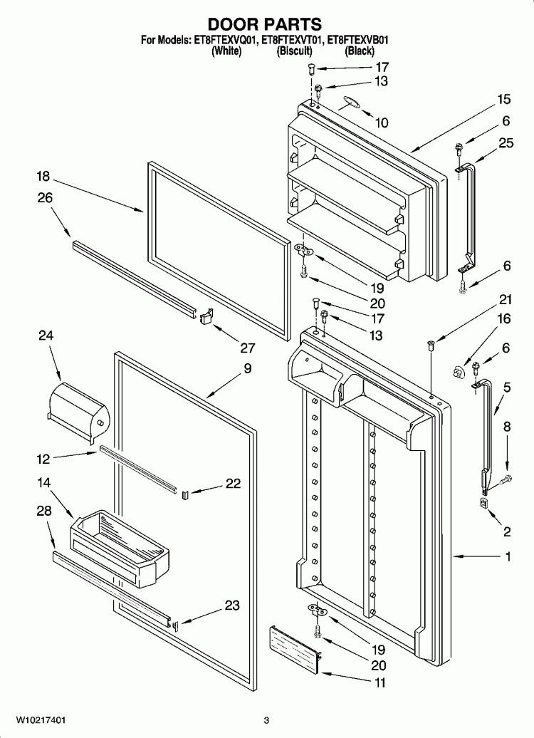 DOOR PARTS Diagram and Parts List for ET8FTEXVB01  Whirlpool Refrigerator