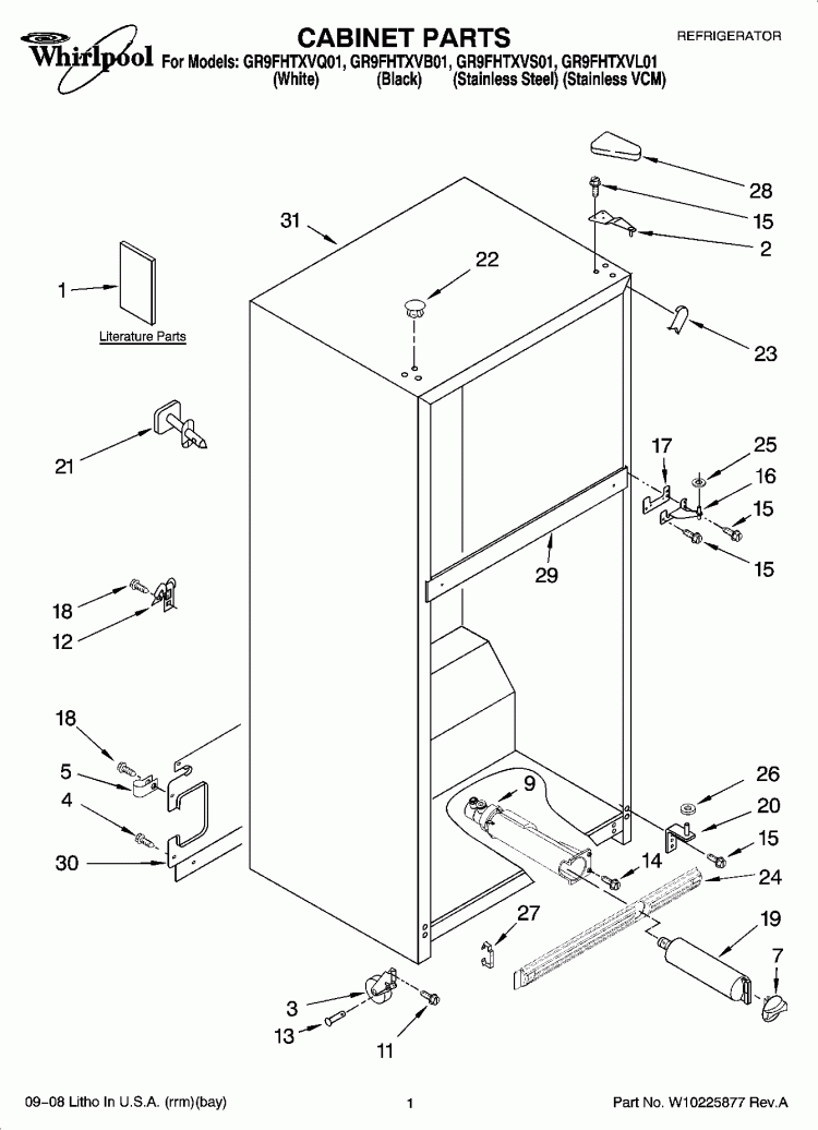 CABINET PARTS Diagram and Parts List for GR9FHTXVL01  Whirlpool Refrigerator