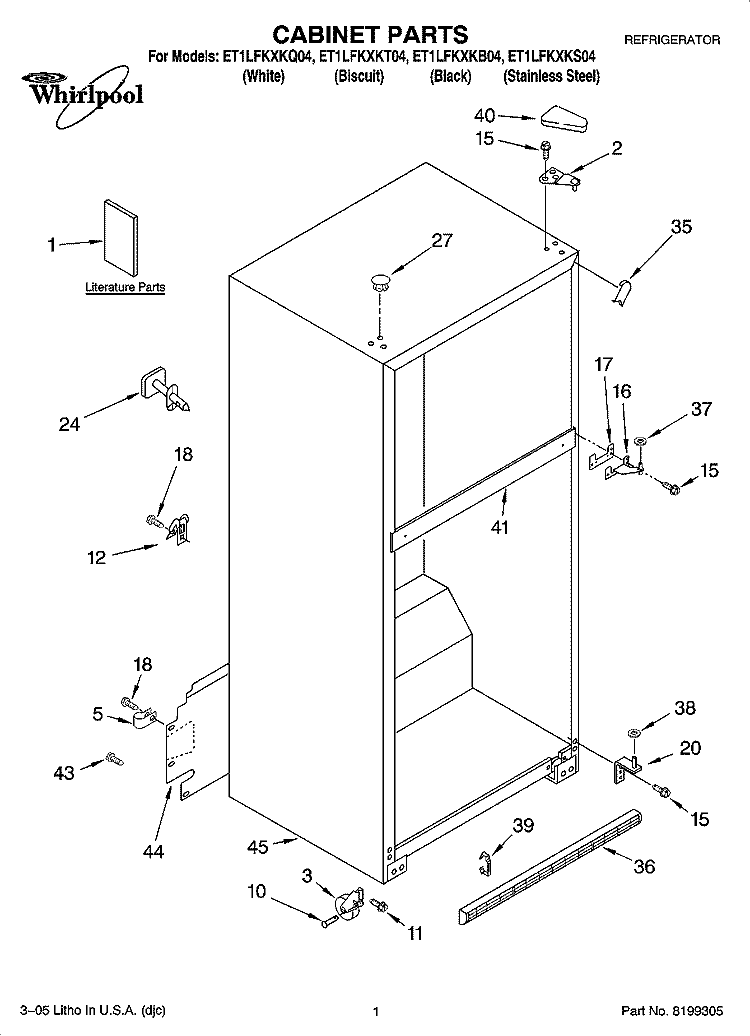 CABINET PARTS Diagram and Parts List for ET1LFKXKS04  Whirlpool Refrigerator