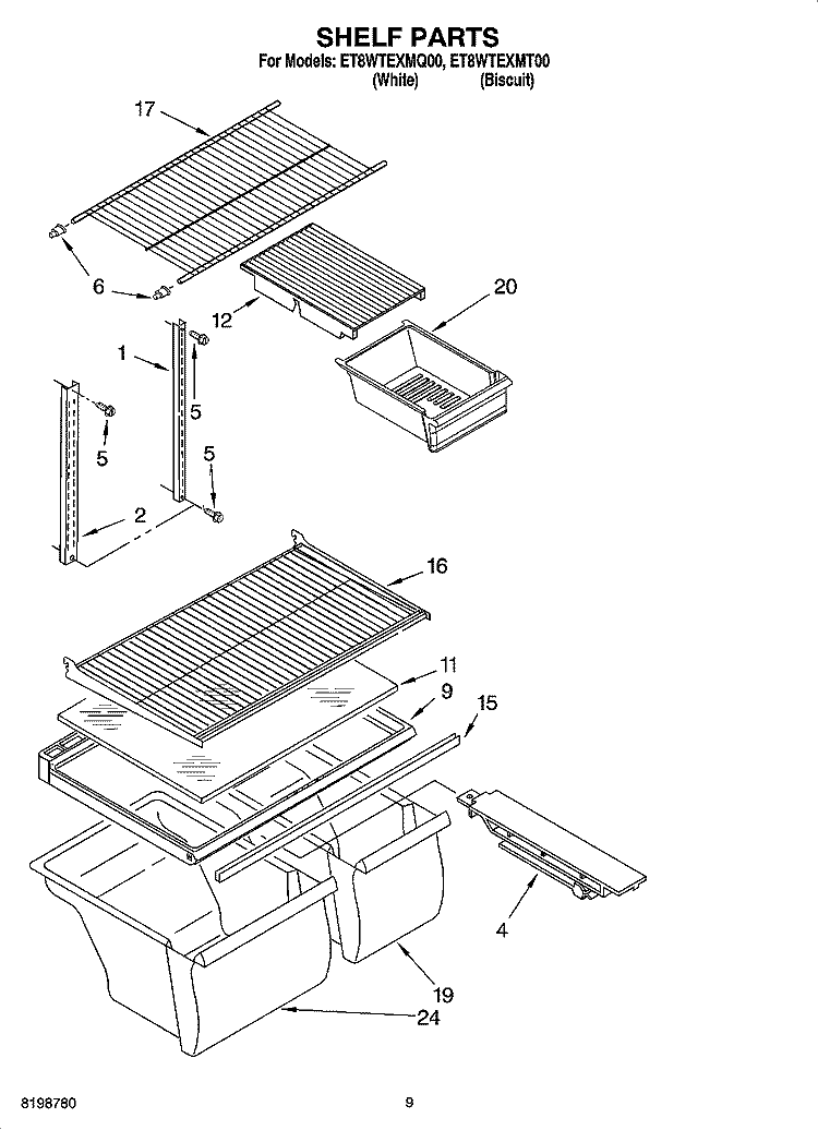 SHELF PARTS, OPTIONAL PARTS Diagram and Parts List for ET8WTEXMT00  Whirlpool Refrigerator