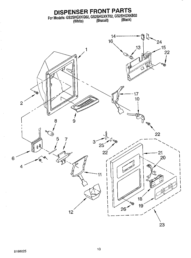 DISPENSER FRONT Diagram and Parts List for GS2SHGXKQ02  Whirlpool Refrigerator
