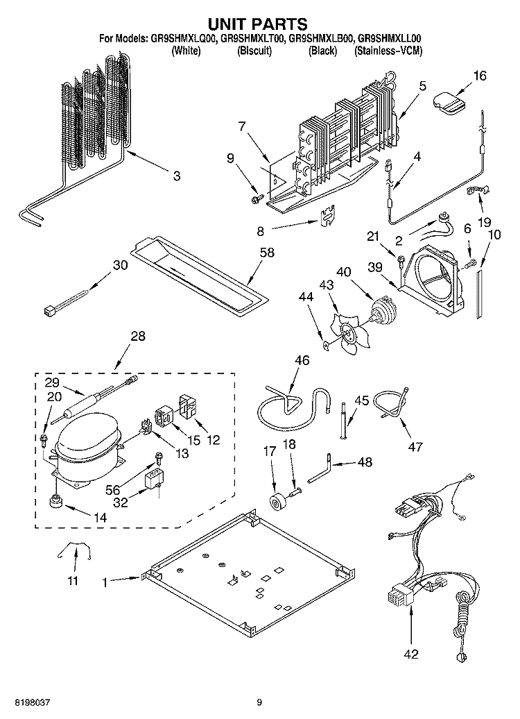 UNIT Diagram and Parts List for GR9SHMXLT00  Whirlpool Refrigerator