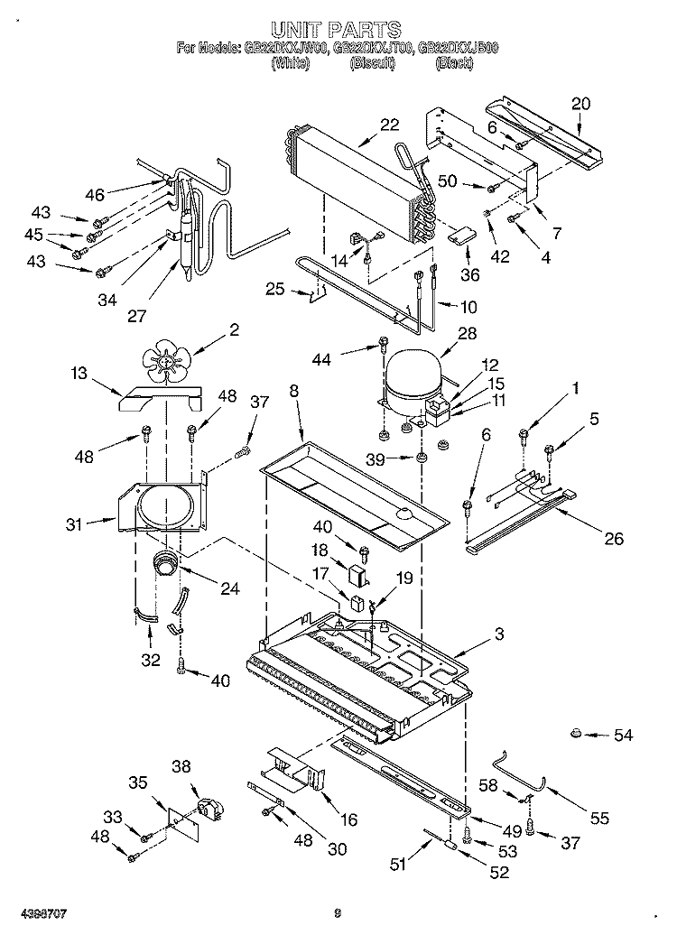 UNIT Diagram and Parts List for GB22DKXJB00  Whirlpool Refrigerator
