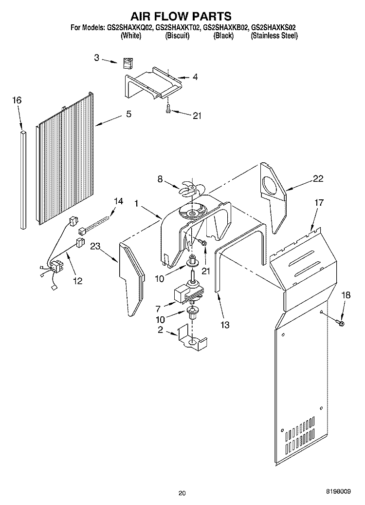 AIR FLOW PARTS, PARTS NOT ILLUSTRATED Diagram and Parts List for GS2SHAXKS02  Whirlpool Refrigerator