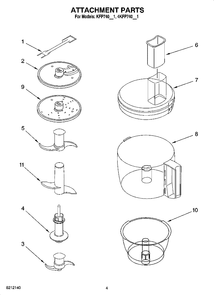 ATTACHMENT PARTS Diagram and Parts List for  KitchenAid Food Processor