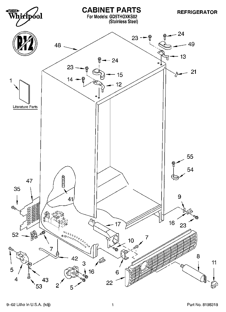 CABINET, LITERATURE Diagram and Parts List for GD5THGXKS02  Whirlpool Refrigerator