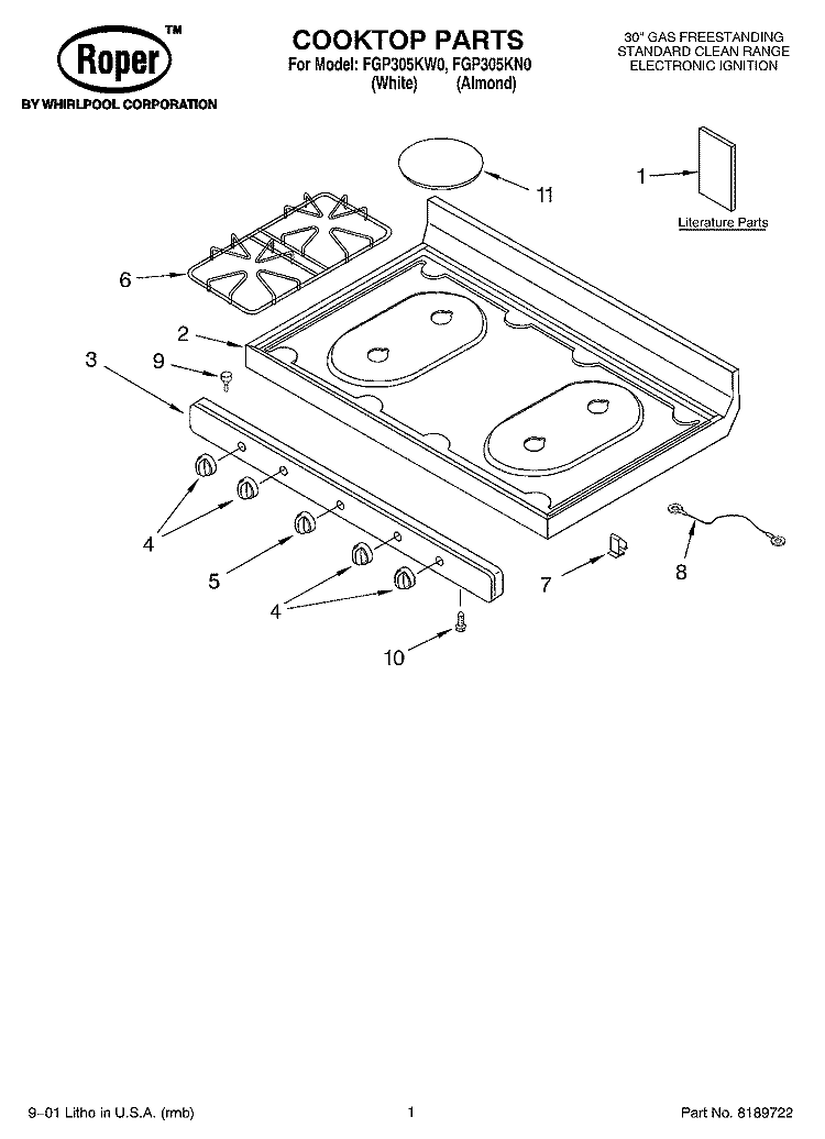 COOKTOP, LITERATURE Diagram and Parts List for  Roper Range