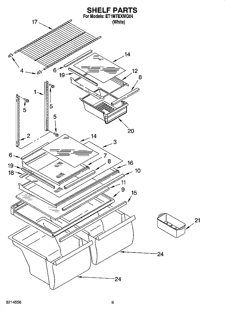 SHELF PARTS, OPTIONAL PARTS Diagram and Parts List for ET1MTEXMQ04  Whirlpool Refrigerator