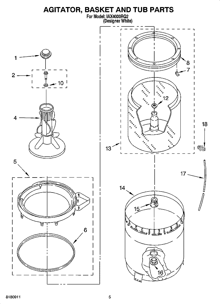 AGITATOR, BASKET AND TUB PARTS Diagram and Parts List for  Inglis Washer