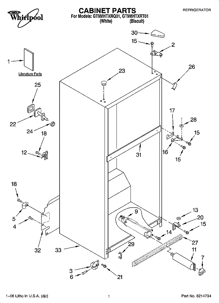 CABINET PARTS Diagram and Parts List for GT9MHTXRT01  Whirlpool Refrigerator