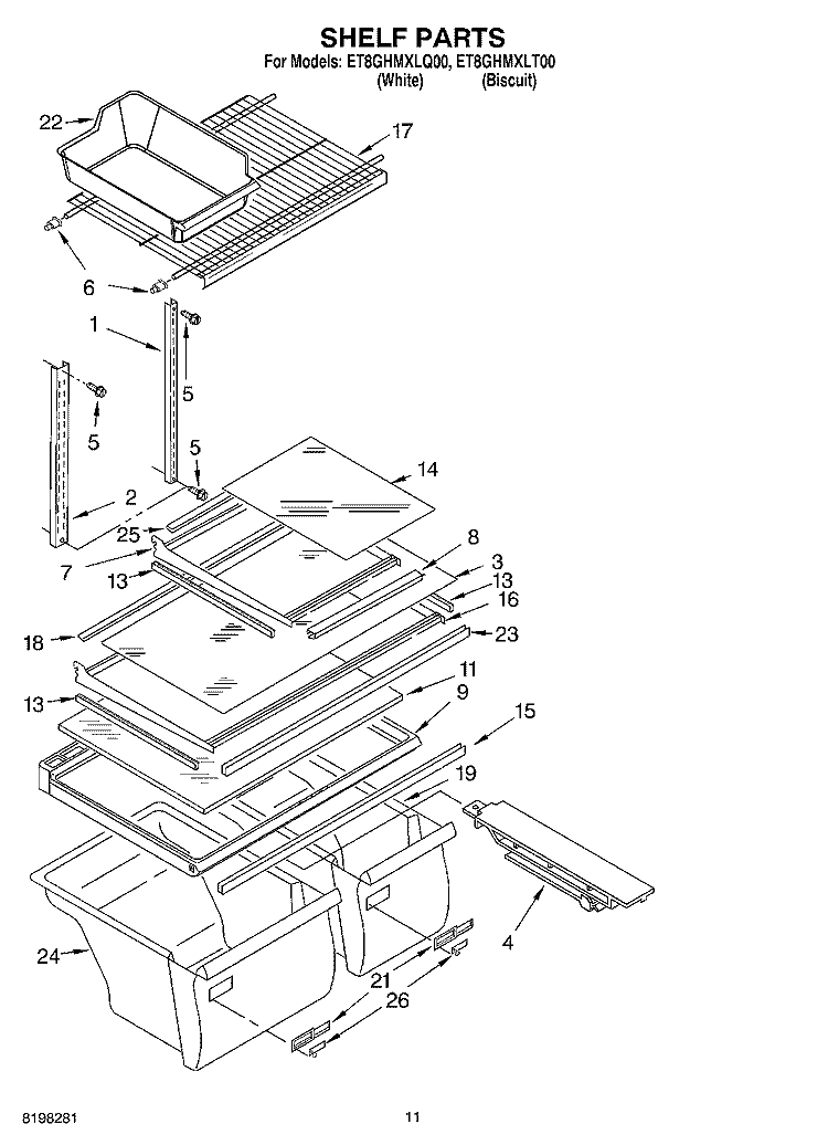 SHELF, OPTIONAL Diagram and Parts List for ET8GHMXLQ00  Whirlpool Refrigerator