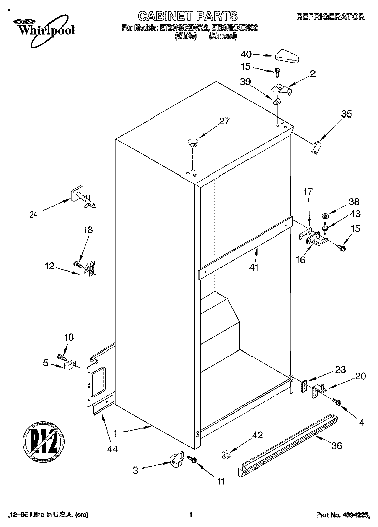 CABINET Diagram and Parts List for ET20NMXDN02  Whirlpool Refrigerator