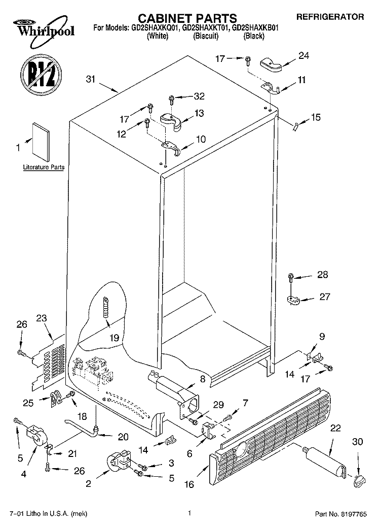CABINET, LITERATURE Diagram and Parts List for GD2SHAXKT01  Whirlpool Refrigerator