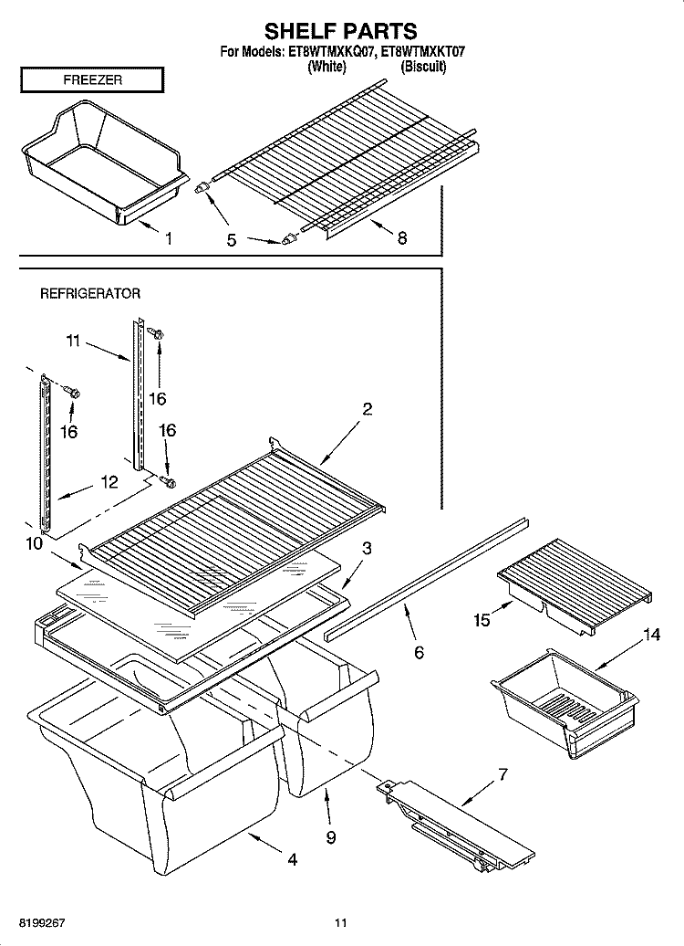 SHELF PARTS, OPTIONAL PARTS Diagram and Parts List for ET8WTMXKQ07  Whirlpool Refrigerator