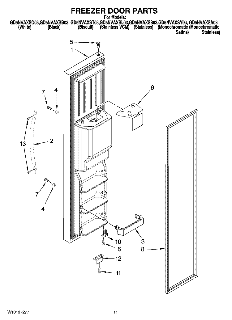 FREEZER DOOR PARTS Diagram and Parts List for GD5NVAXST03  Whirlpool Refrigerator