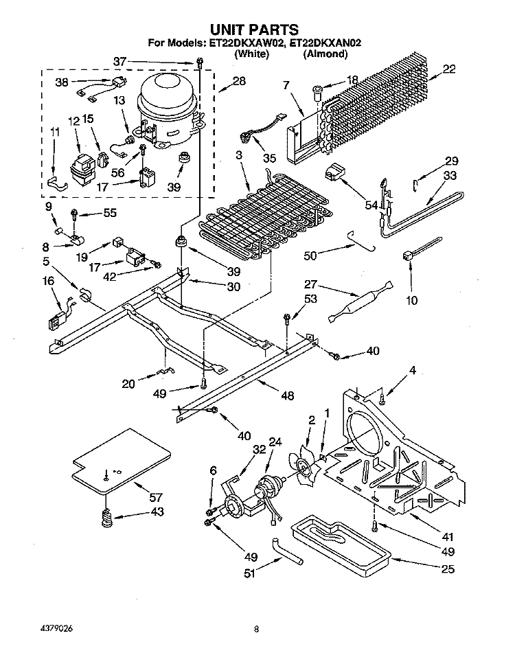 UNIT Diagram and Parts List for ET22DKXAW02  Whirlpool Refrigerator