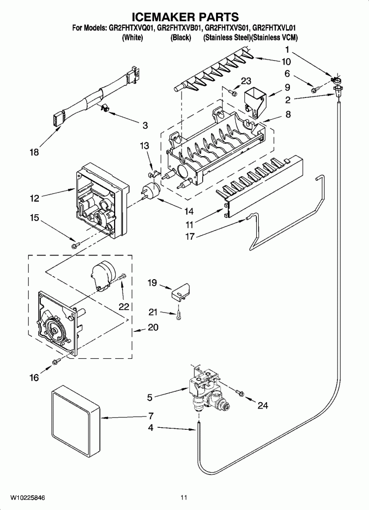 ICEMAKER PARTS Diagram and Parts List for GR2FHTXVL01  Whirlpool Refrigerator