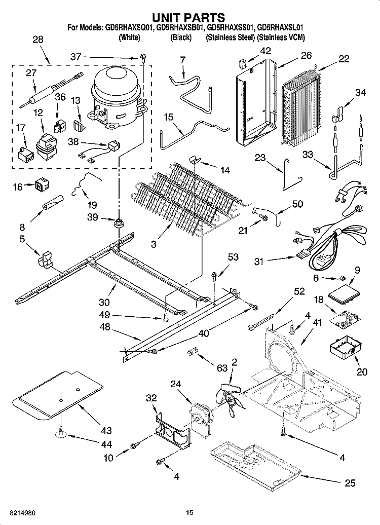 UNIT PARTS Diagram and Parts List for GD5RHAXSB01  Whirlpool Refrigerator