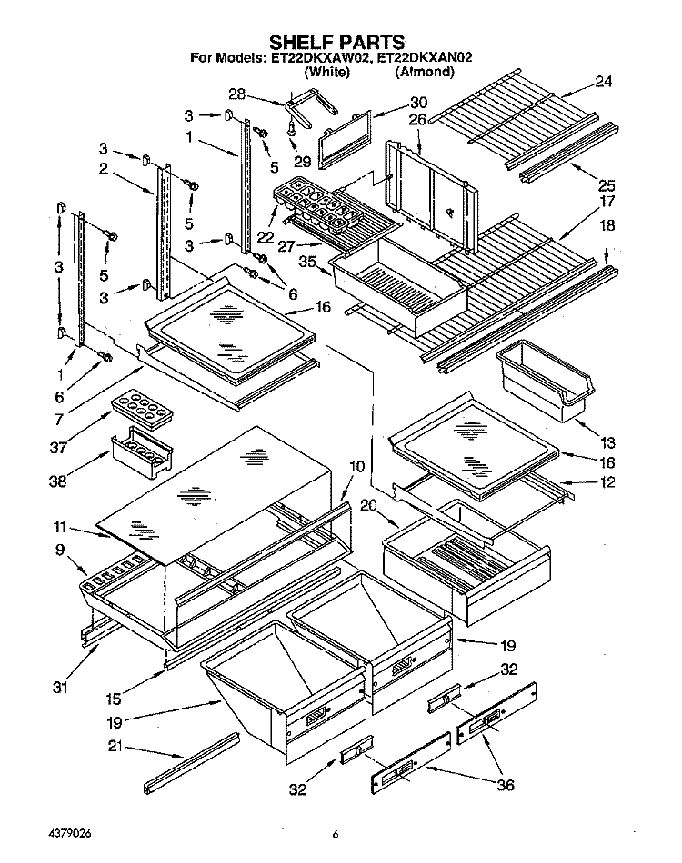 SHELF, LIT/OPTIONAL Diagram and Parts List for ET22DKXAW02  Whirlpool Refrigerator